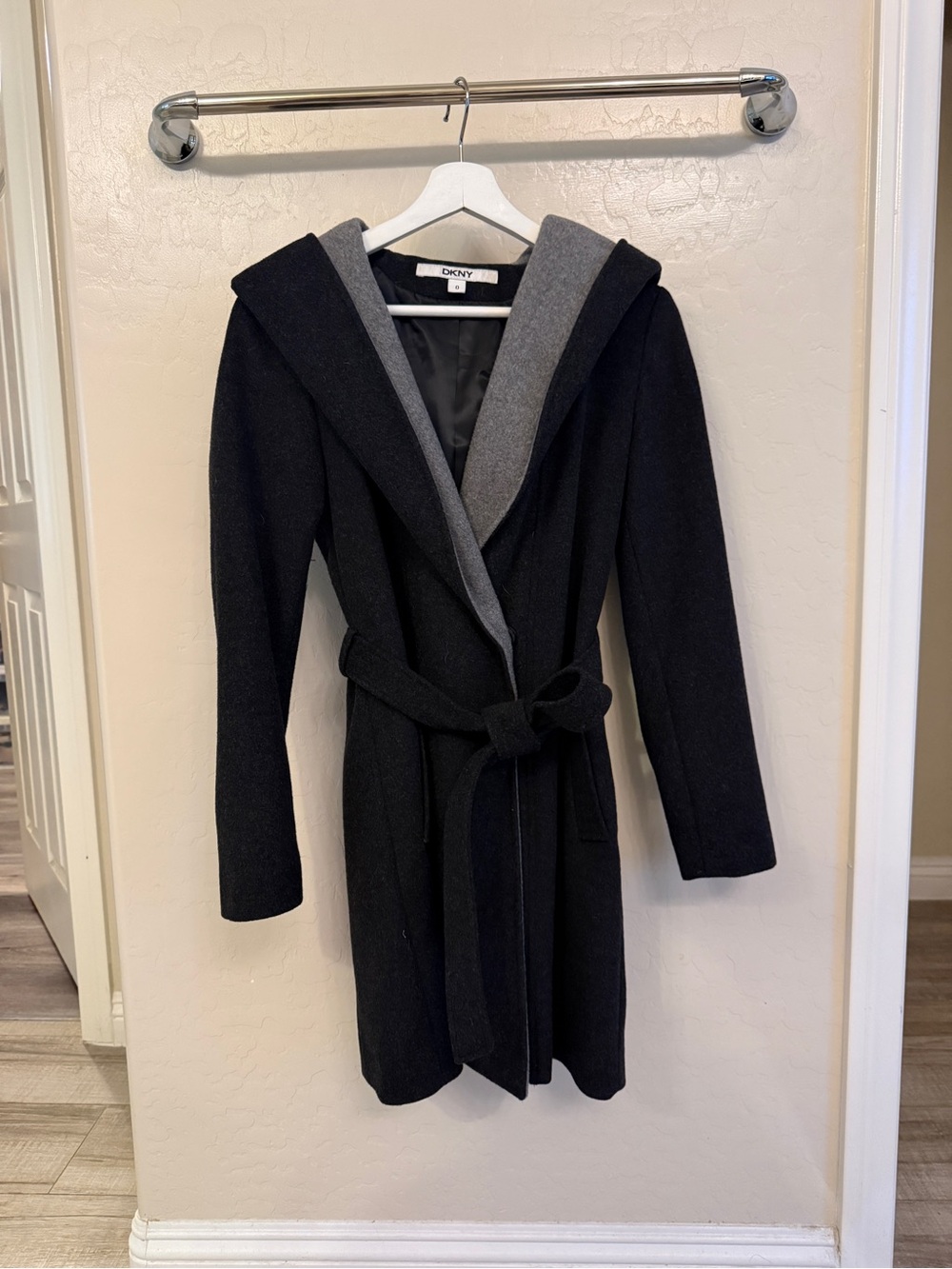 DKNY Black Trench Coat with Gray Hooded Trim